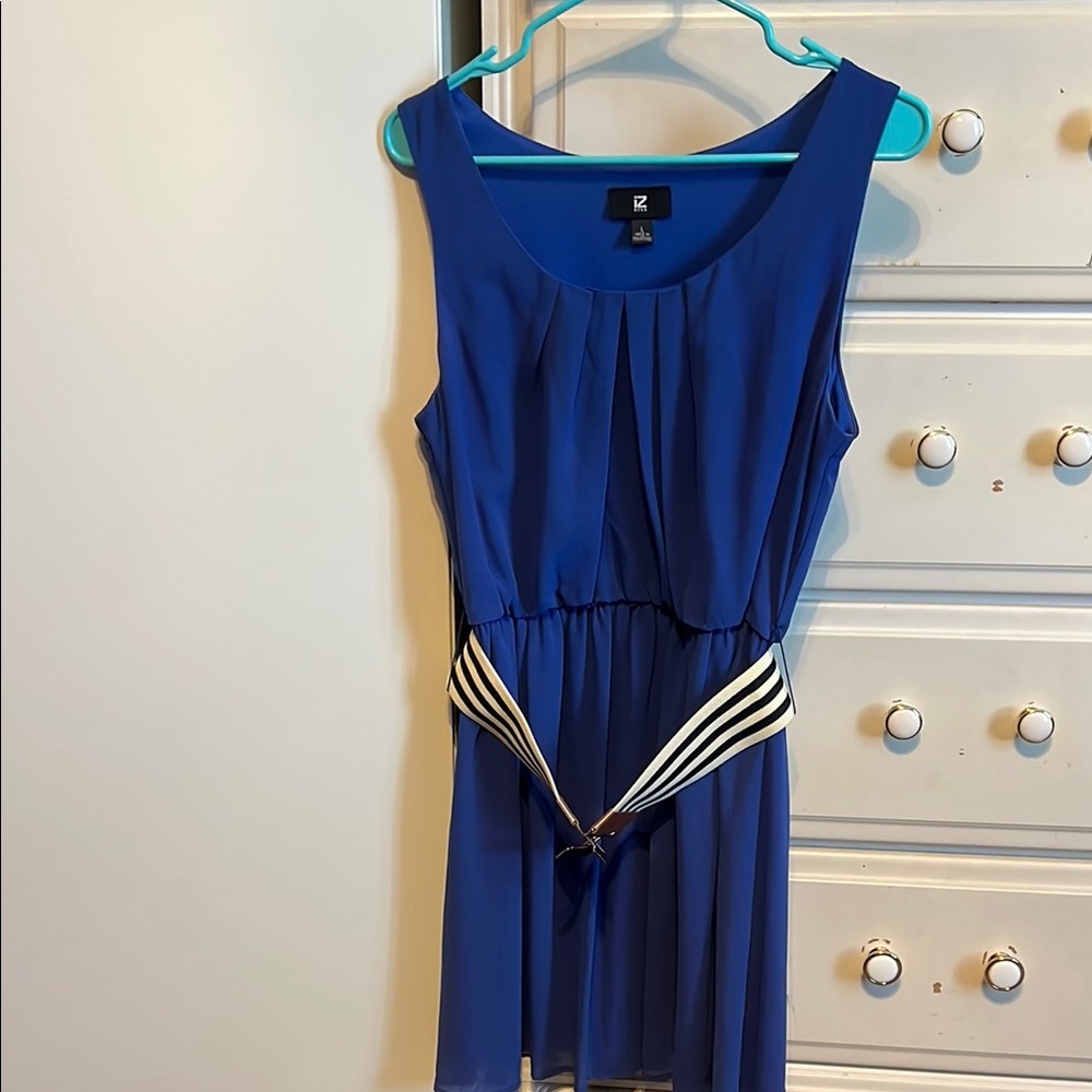 Iz Byer Blue Dress with Striped Belt